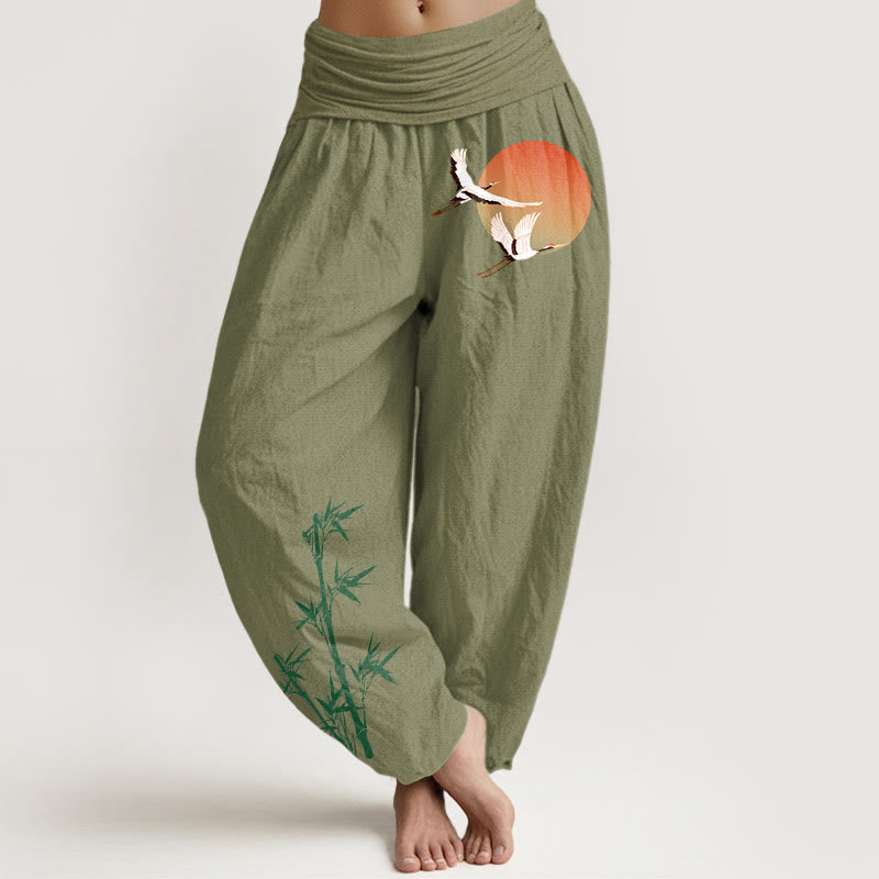 Buddha Stones Pure Cotton Elegant Sun Crane Bamboo Pattern Women's Elastic Waist Harem Pants - OliveDrab - US16，UK/AU20，EU48 (3XL) - image 14