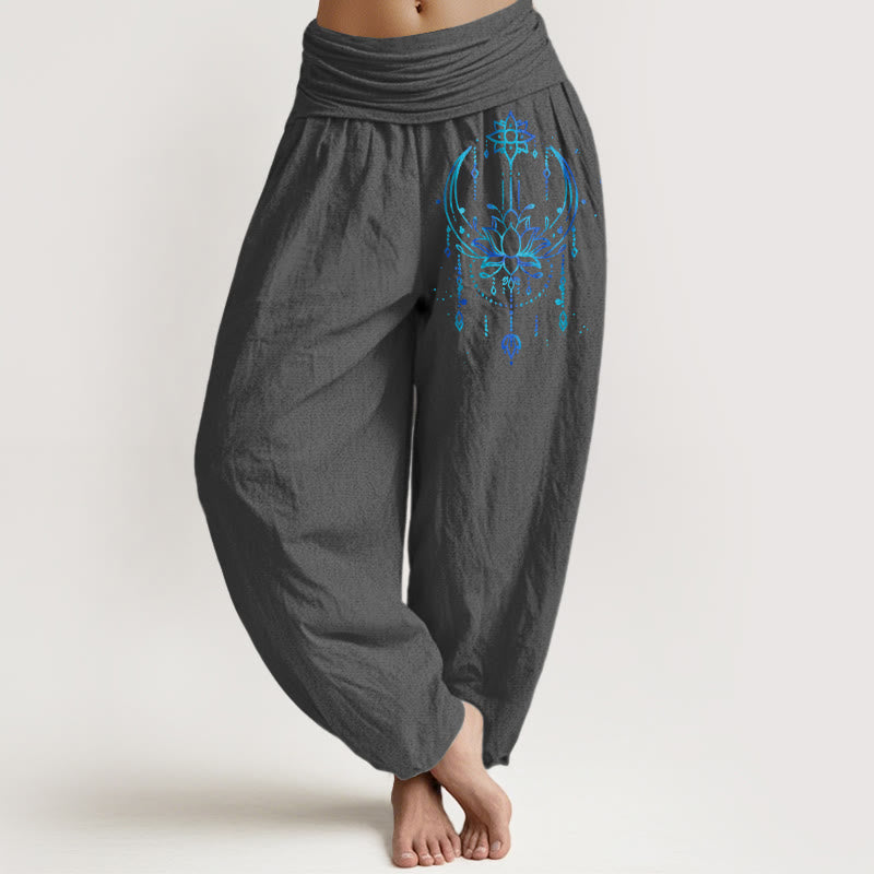 Buddha Stones Pure Cotton Elegant Lotus Pattern Women's Elastic Waist Harem Pants - DimGray - US16，UK/AU20，EU48 (3XL) - image 8