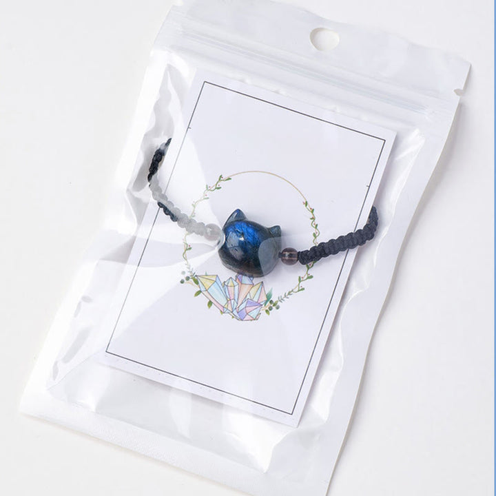 Buddha Stones Cute Cat Head Charm Natural Labradorite Rope Healing Change Bracelet - image 8