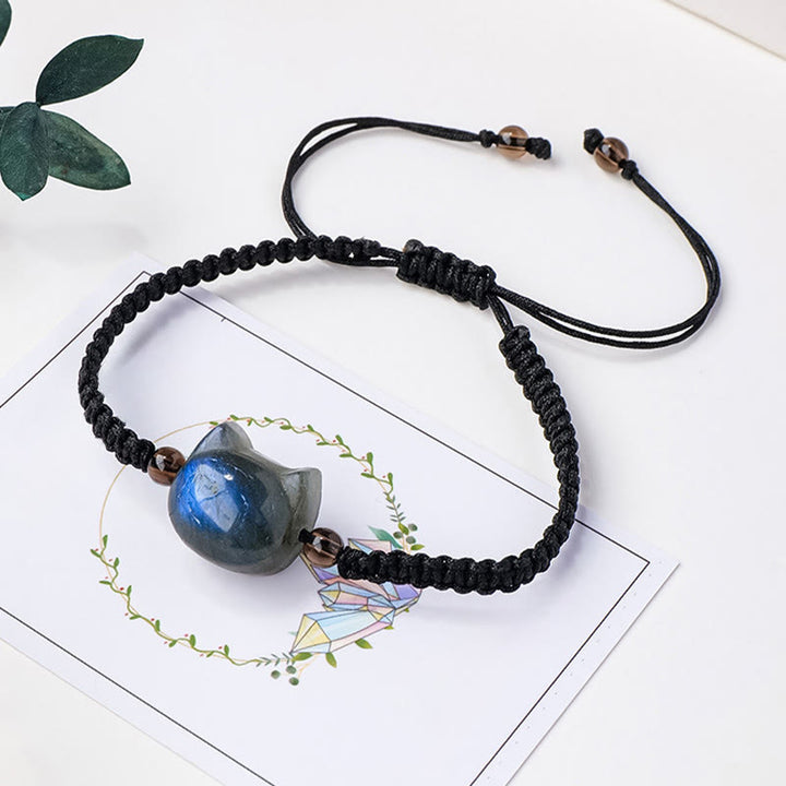 Buddha Stones Cute Cat Head Charm Natural Labradorite Rope Healing Change Bracelet - image 3
