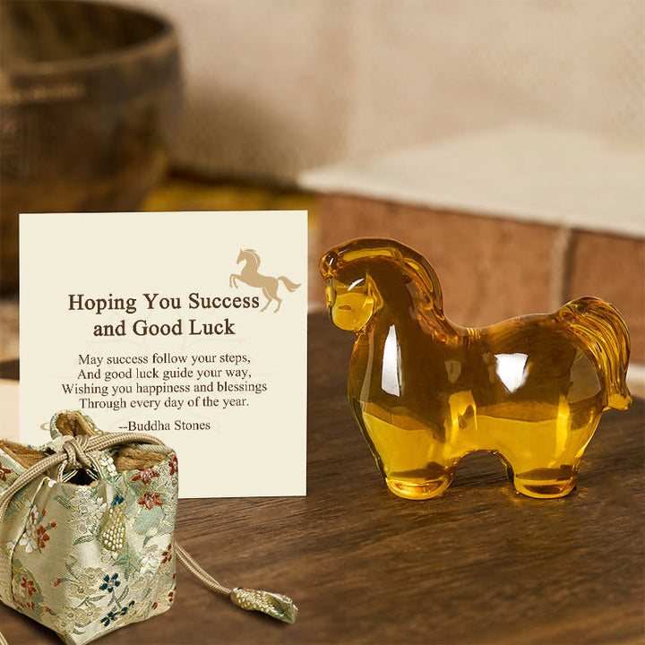 Buddha Stones "Hoping You Success and Good Luck" Year Of The Horse Carved Mini Liuli Crystal Art Piece Decoration Includes Gift Message Card - Golden Yellow 8*7cm - Deluxe Gift Bag (+$9.59) - image 8