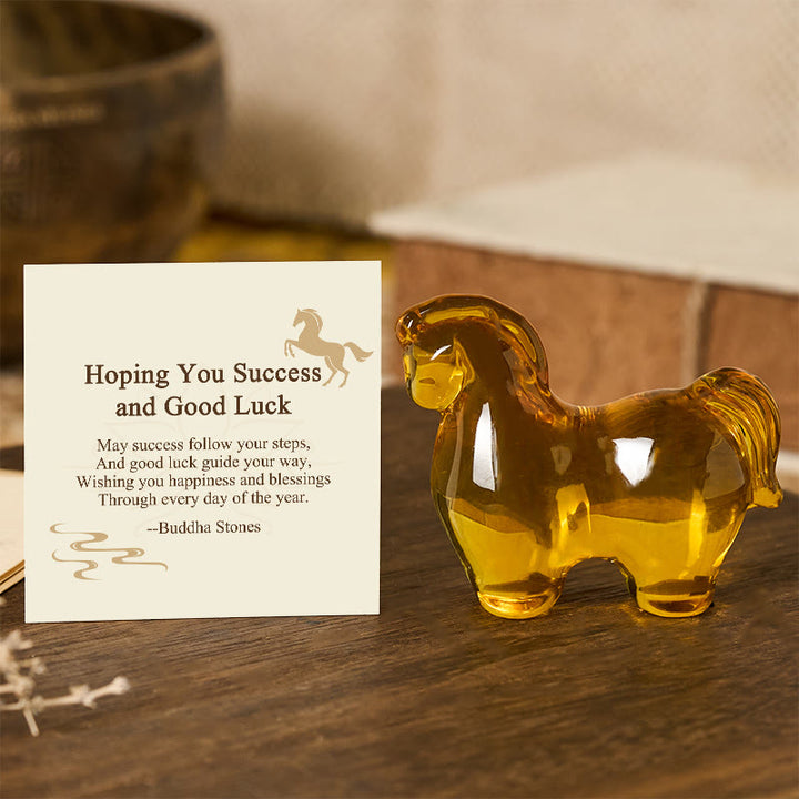 Buddha Stones "Hoping You Success and Good Luck" Year Of The Horse Carved Mini Liuli Crystal Art Piece Decoration Includes Gift Message Card - Golden Yellow 8*7cm - Standard Gift Box - image 0