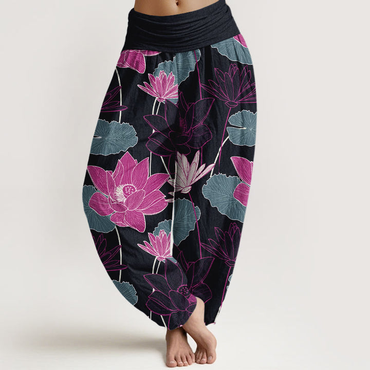 Buddha Stones Pure Cotton Retro Lotus Flowers Leaves Pattern Women's Elastic Waist Harem Pants - Black - US16，UK/AU20，EU48 (3XL) - image 0