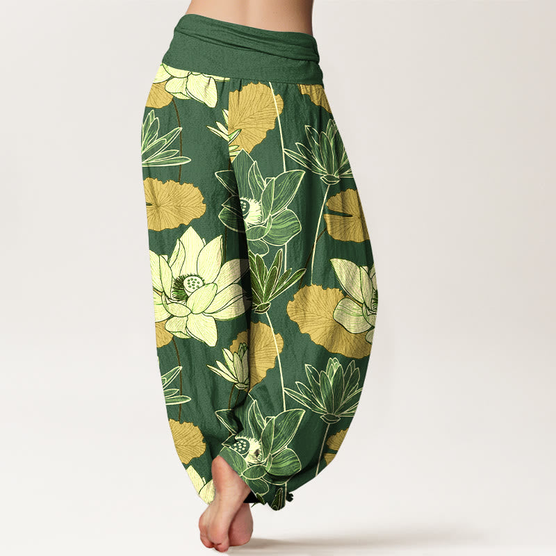 Buddha Stones Pure Cotton Retro Lotus Flowers Leaves Pattern Women's Elastic Waist Harem Pants - image 9