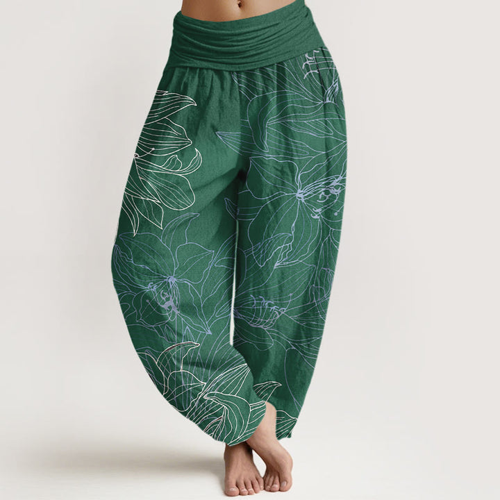 Buddha Stones Pure Cotton Minimalist Style Flower Pattern Women's Elastic Waist Harem Pants - SeaGreen - US16，UK/AU20，EU48 (3XL) - image 0