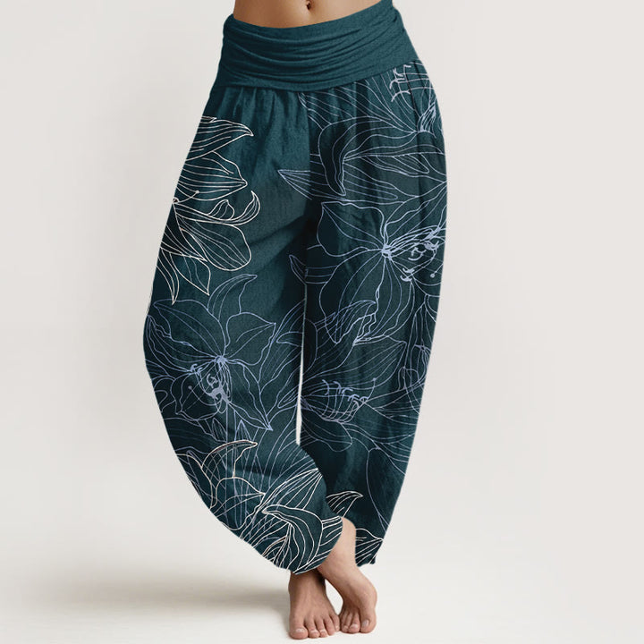 Buddha Stones Pure Cotton Minimalist Style Flower Pattern Women's Elastic Waist Harem Pants - DarkSlateGray - US16，UK/AU20，EU48 (3XL) - image 5