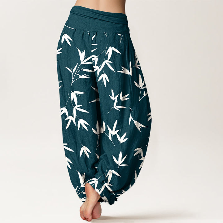 Buddha Stones Pure Cotton Simple Elegant Bamboo Leaf Pattern Women's Elastic Waist Harem Pants - image 1