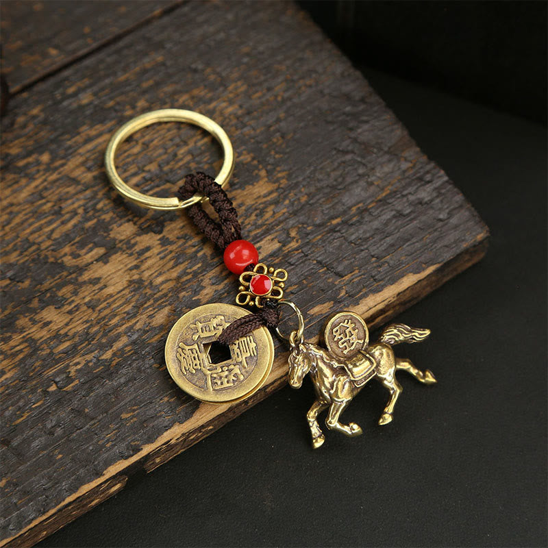 Buddha Stones Year Of The Horse Copper Brass Five-Emperor Coins Red String Wealth Key Chain - Five-Emperor Coins Brown String Horse - image 2