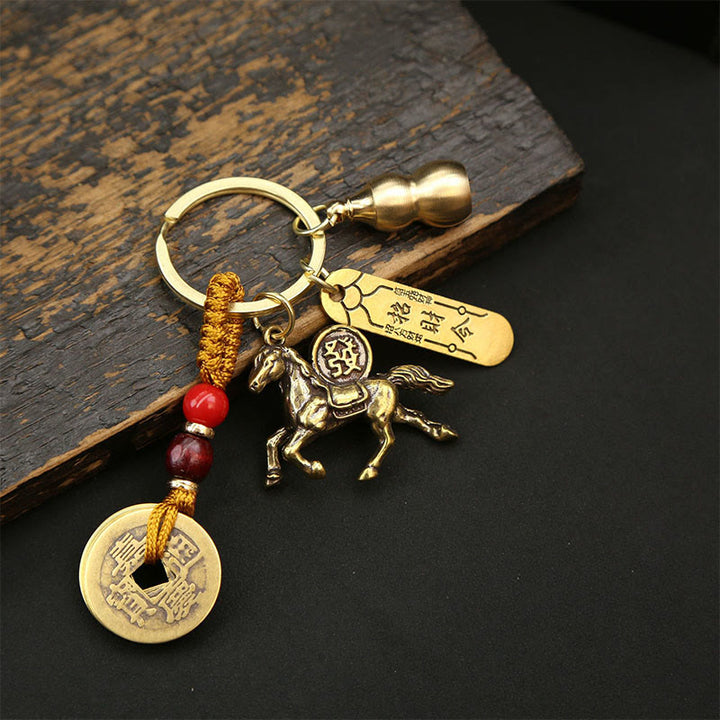 Buddha Stones Year Of The Horse Copper Brass Five-Emperor Coins Wealth Key Chain - Five-Emperor Coins Wealth-Attracting Charm Horse - image 4