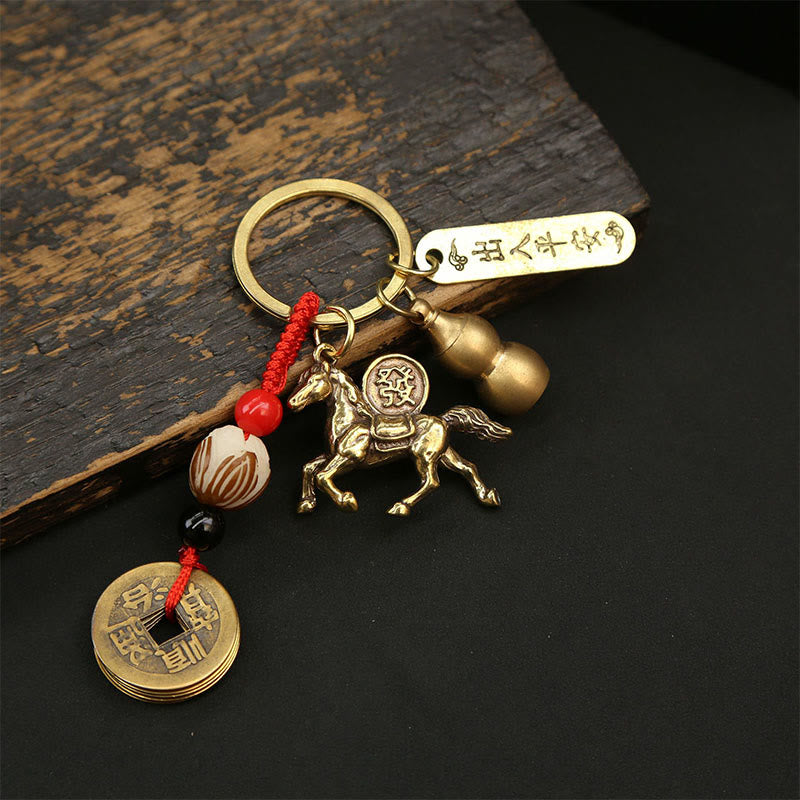 Buddha Stones Year Of The Horse Copper Brass Five-Emperor Coins Red String Wealth Key Chain - Five-Emperor Coins Peace Horse - image 9
