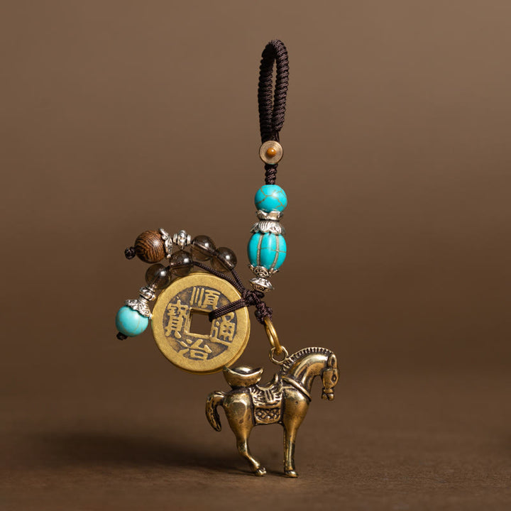 Buddha Stones Year Of The Horse Copper Brass Five-Emperor Coins Om Mani Padme Hum Protection Key Chain - Ingot Turquoise Bead Five-Emperor Coins Horse(Size: 36*31 mm) - image 2