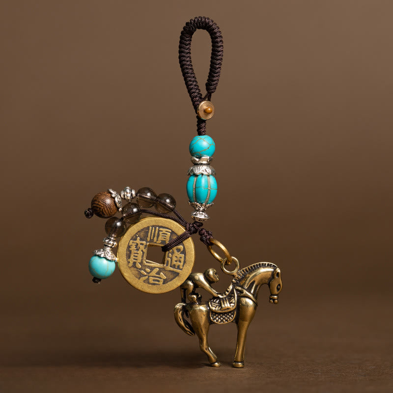 Buddha Stones Year Of The Horse Copper Brass Five-Emperor Coins Om Mani Padme Hum Protection Key Chain - Turquoise Bead Monkey Five-Emperor Coins Horse(Size: 36*31 mm) - image 9