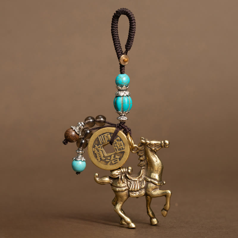 Buddha Stones Year Of The Horse Copper Brass Five-Emperor Coins Om Mani Padme Hum Protection Key Chain - Turquoise Bead Five-Emperor Coins Horse(Size: 43*50 mm) - image 12