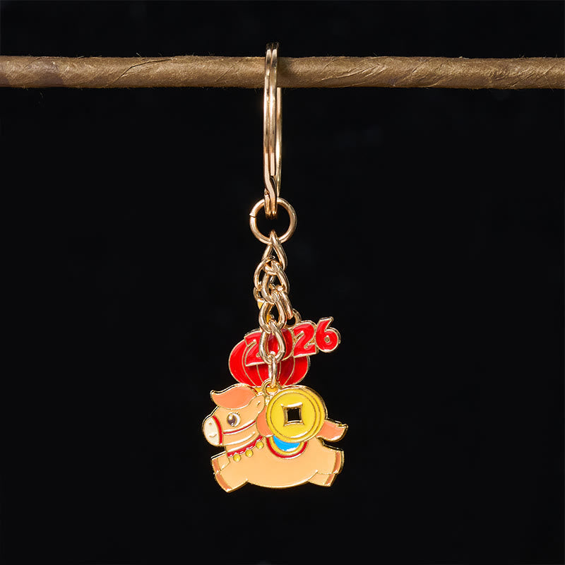 Buddha Stones "Hoping You Have a Joyful Year" Year of the Horse Lantern Copper Coin Fu Character Lucky Money Bag Alloy Key Chain Includes Gift Message Card - image 3