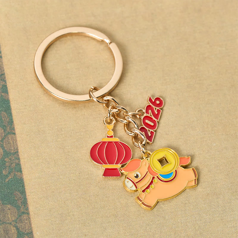 Buddha Stones "Hoping You Have a Joyful Year" Year of the Horse Lantern Copper Coin Fu Character Lucky Money Bag Alloy Key Chain Includes Gift Message Card - image 4
