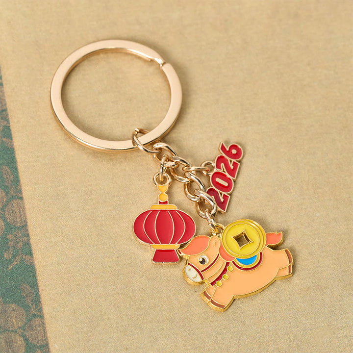 Buddha Stones "Hoping You Have a Joyful Year" Year of the Horse Lantern Copper Coin Fu Character Lucky Money Bag Alloy Key Chain Includes Gift Message Card - image 4