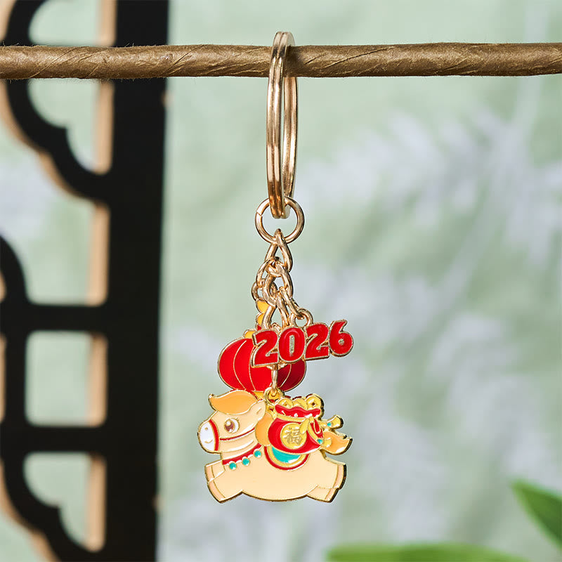 Buddha Stones "Hoping You Have a Joyful Year" Year of the Horse Lantern Copper Coin Fu Character Lucky Money Bag Alloy Key Chain Includes Gift Message Card - image 12