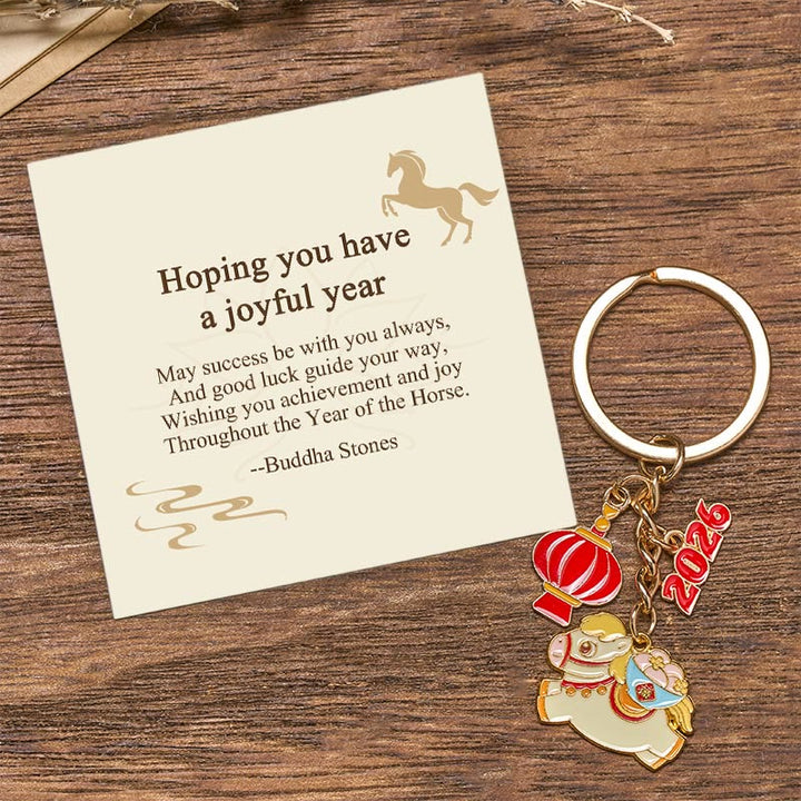 Buddha Stones "Hoping You Have a Joyful Year" Year of the Horse Lantern Fu Character Glutinous Rice Balls Bowl Gourd Alloy Key Chain Includes Gift Message Card - Reunion Horse 7.4*3cm - Standard Gift Box - image 0