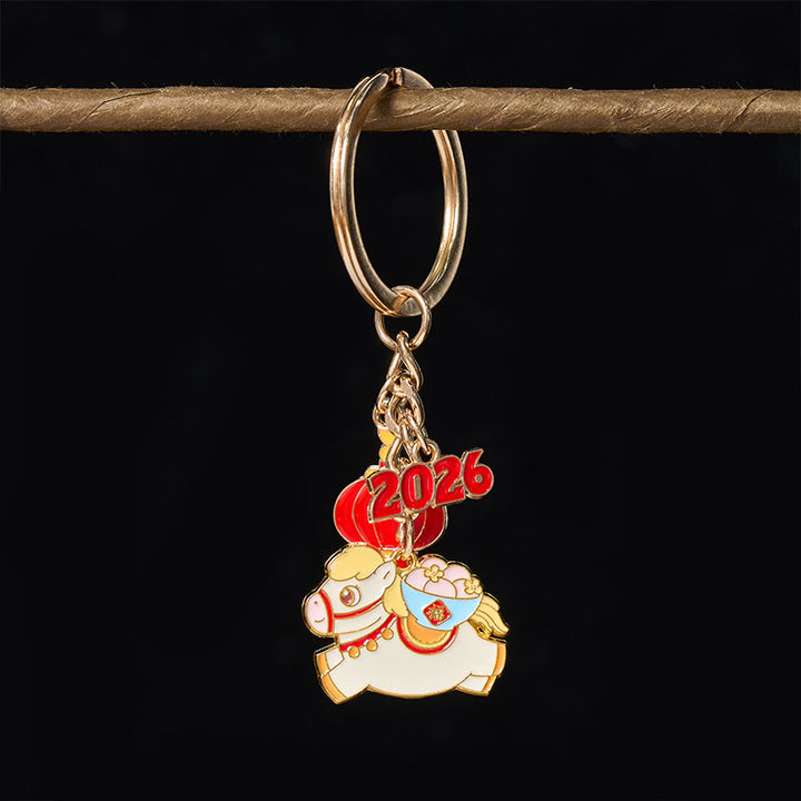 Buddha Stones "Hoping You Have a Joyful Year" Year of the Horse Lantern Fu Character Glutinous Rice Balls Bowl Gourd Alloy Key Chain Includes Gift Message Card - image 1
