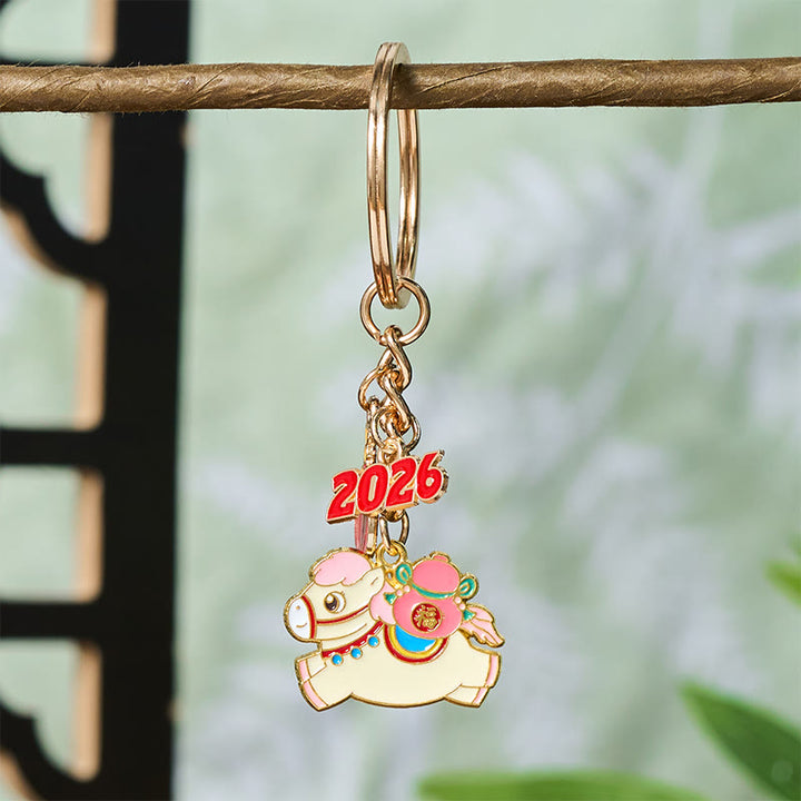 Buddha Stones "Hoping You Have a Joyful Year" Year of the Horse Lantern Fu Character Glutinous Rice Balls Bowl Gourd Alloy Key Chain Includes Gift Message Card - image 9