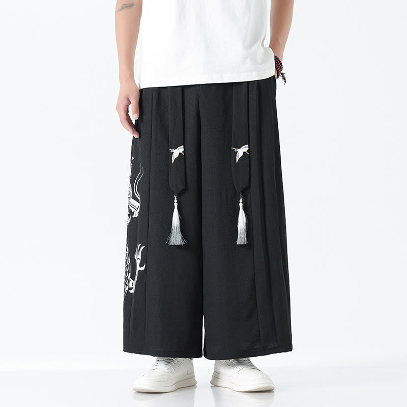 Buddha Stones Summer Dragon Drawstring Design Cotton Ankle-Length Men's Wide Leg Pants With Pockets - Black - US/UK/AU42，EU52 (3XL) - image 8