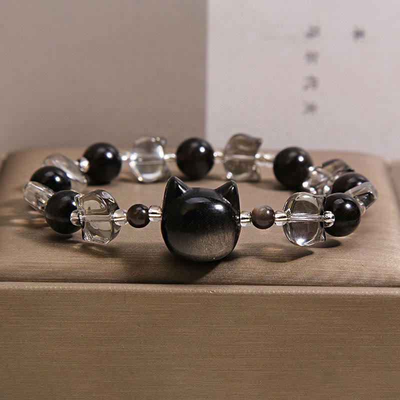 Buddha Stones Black Obsidian Cat Head Purification Strength Bracelet - Black Obsidian(Wrist Circumference: 14-16cm) - image 0