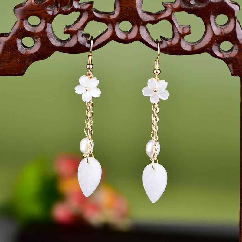 Buddha Stones Pearl White Flower Leaves Happiness Drop Earrings - Flower(Copper Posts) - image 0