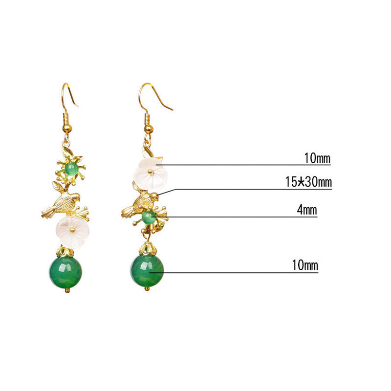 Buddha Stones Green Agate Bead White Flower Bird Power Drop Earrings - image 7