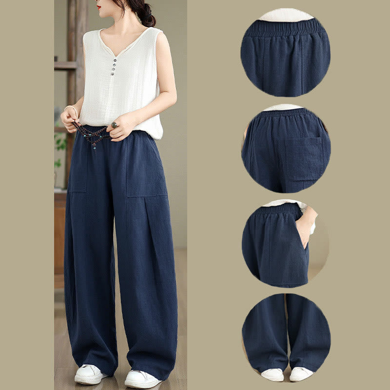 Buddha Stones Solid Color Cotton Linen Women's Straight Leg Pants With Pockets - image 23