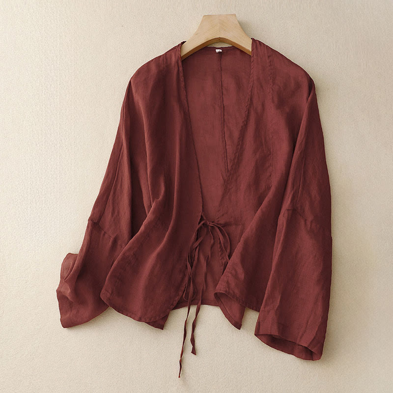 Buddha Stones Summer Plain Long Sleeve Lace-up Open Front Women's Kimono - DarkRed - US12，UK/AU16，EU44 (XL) - image 0