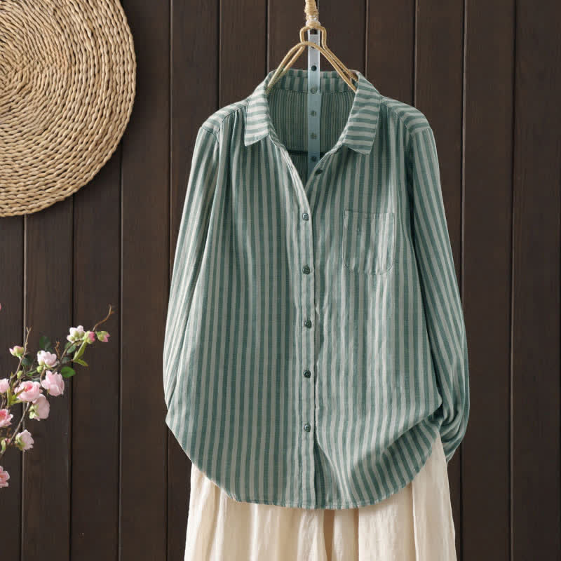 Buddha Stones Spring Vertical Stripes Long Sleeve Decorative Pocket Women's Cotton Buttons Shirt - LightSeaGreen - US8-10，UK/AU12-14，EU40-42 (2XL) - image 5