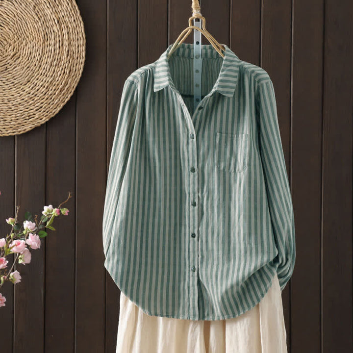 Buddha Stones Spring Vertical Stripes Long Sleeve Decorative Pocket Women's Cotton Buttons Shirt - LightSeaGreen - US8-10，UK/AU12-14，EU40-42 (2XL) - image 5