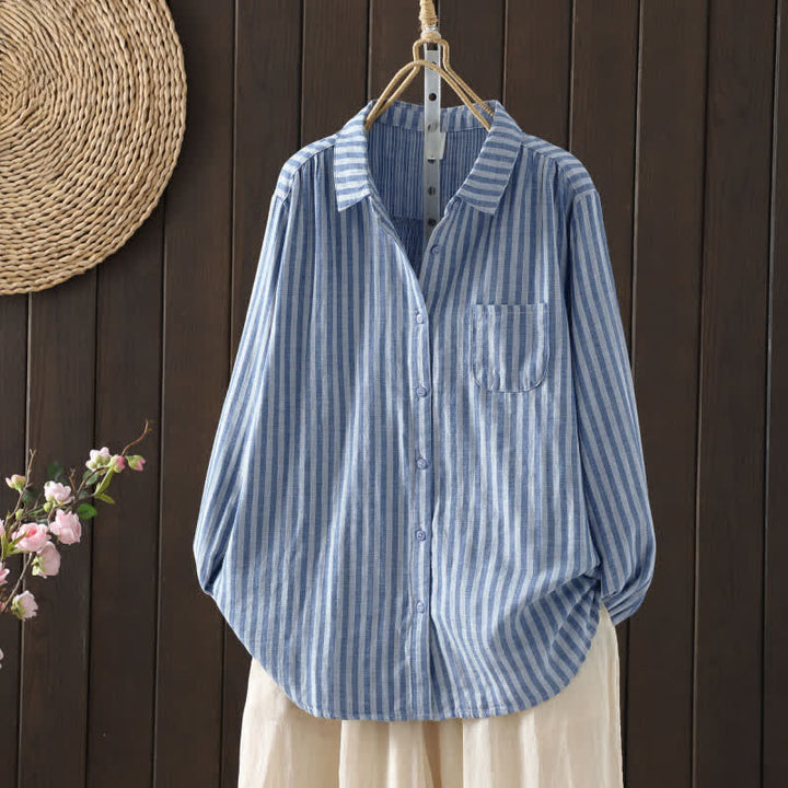 Buddha Stones Spring Vertical Stripes Long Sleeve Decorative Pocket Women's Cotton Buttons Shirt - CornflowerBlue - US8-10，UK/AU12-14，EU40-42 (2XL) - image 3