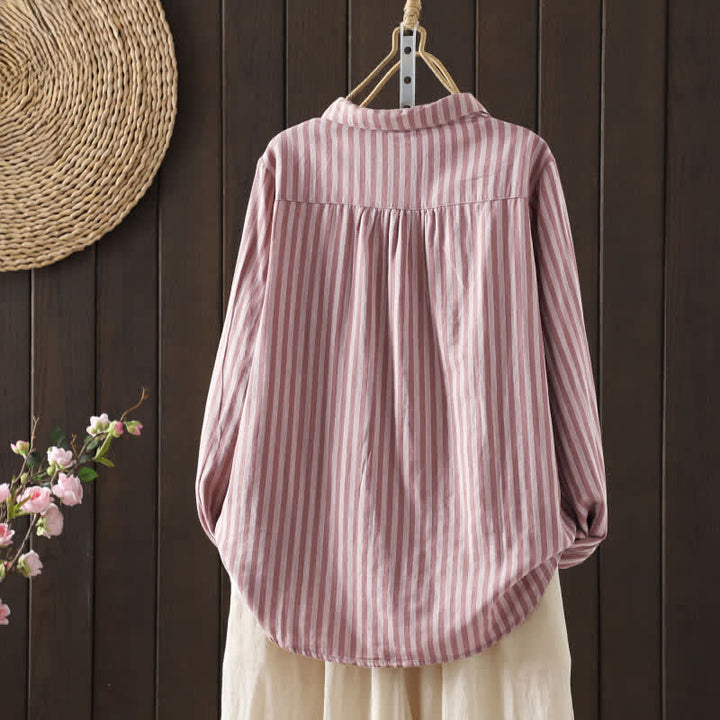 Buddha Stones Spring Vertical Stripes Long Sleeve Decorative Pocket Women's Cotton Buttons Shirt - image 1