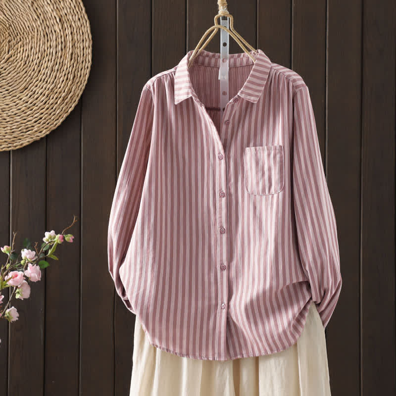 Buddha Stones Spring Vertical Stripes Long Sleeve Decorative Pocket Women's Cotton Buttons Shirt - LightPink - US8-10，UK/AU12-14，EU40-42 (2XL) - image 0