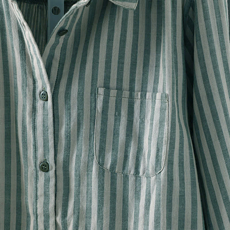 Buddha Stones Spring Vertical Stripes Long Sleeve Decorative Pocket Women's Cotton Buttons Shirt - image 6