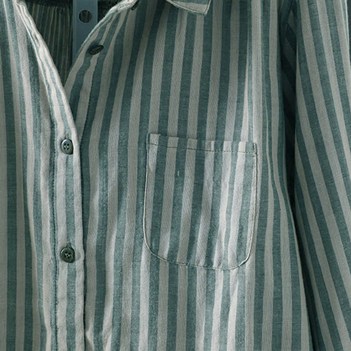 Buddha Stones Spring Vertical Stripes Long Sleeve Decorative Pocket Women's Cotton Buttons Shirt - image 6