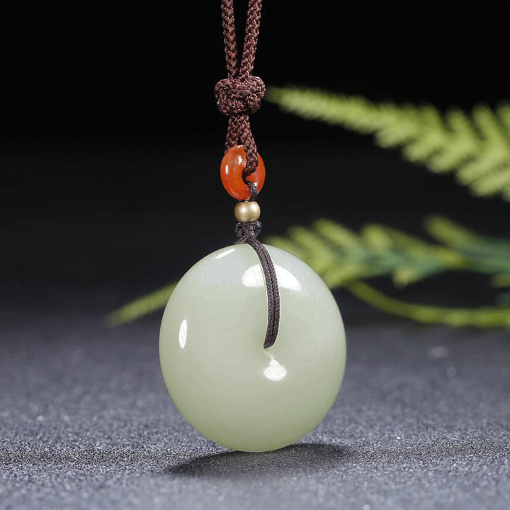Buddha Stones Round Hetian White Jade Peace Buckle Blessing Necklace Pendant - image 7