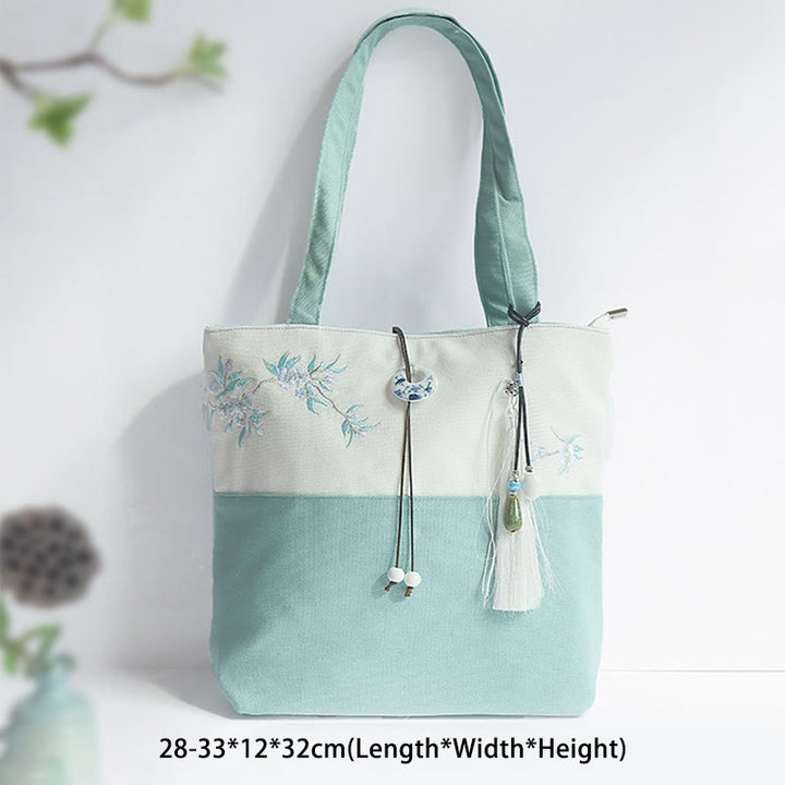 Buddha Stones Pear Flower Plum Peach Blossom Bamboo Embroidery Canvas Large Capacity Shoulder Bag Tote Bag - image 1