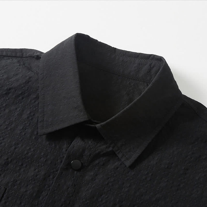 Buddha Stones Spring Solid Color Textured Long Sleeve Button Men's Lapel Shirts With Pocket - image 3