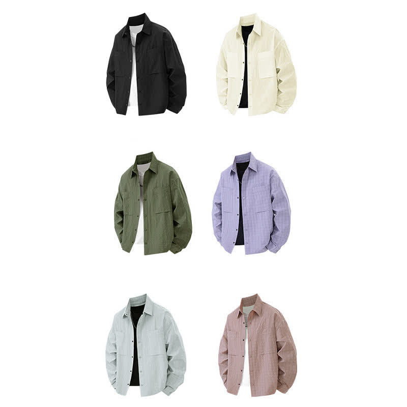 Buddha Stones Spring Solid Color Textured Long Sleeve Button Men's Lapel Shirts With Pocket - image 14