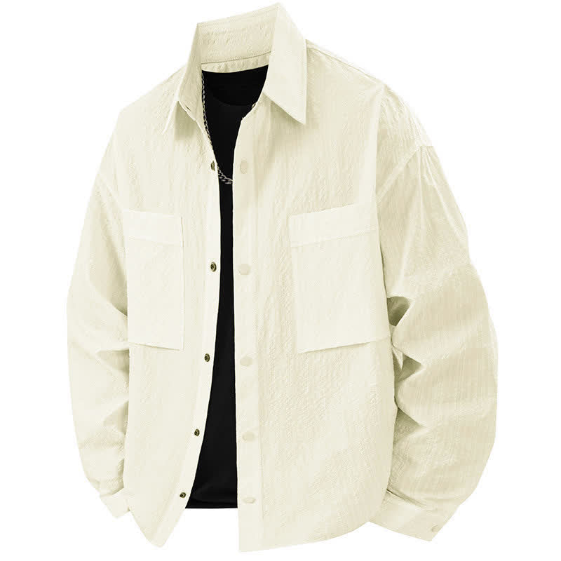 Buddha Stones Spring Solid Color Textured Long Sleeve Button Men's Lapel Shirts With Pocket - LightYellow - US/UK/AU46，EU56 (3XL) - image 11