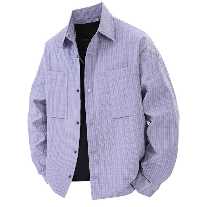Buddha Stones Spring Solid Color Textured Long Sleeve Button Men's Lapel Shirts With Pocket - MediumPurple - US/UK/AU46，EU56 (3XL) - image 12