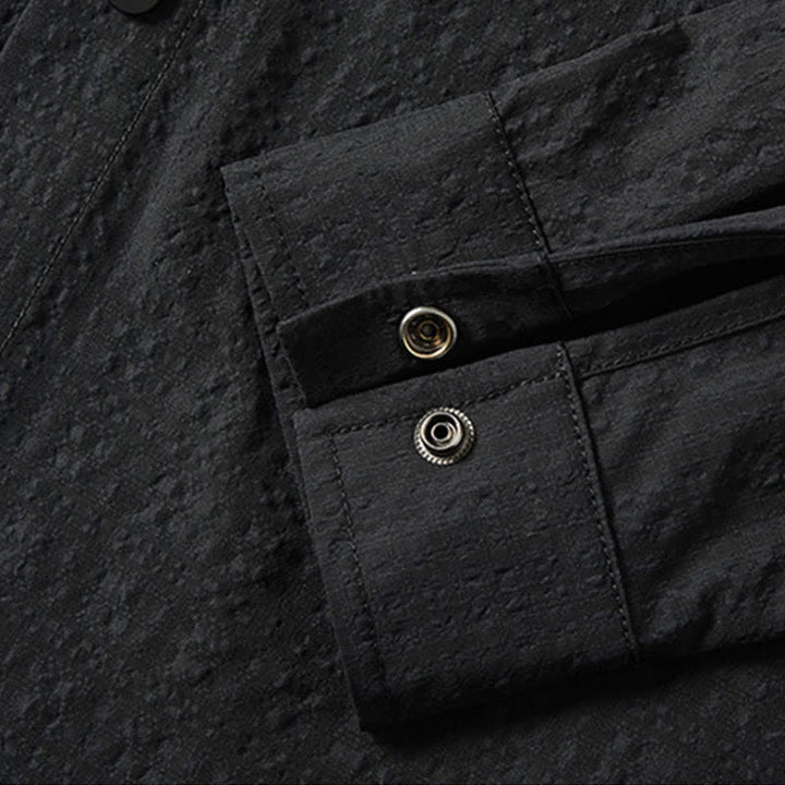 Buddha Stones Spring Solid Color Textured Long Sleeve Button Men's Lapel Shirts With Pocket - image 6