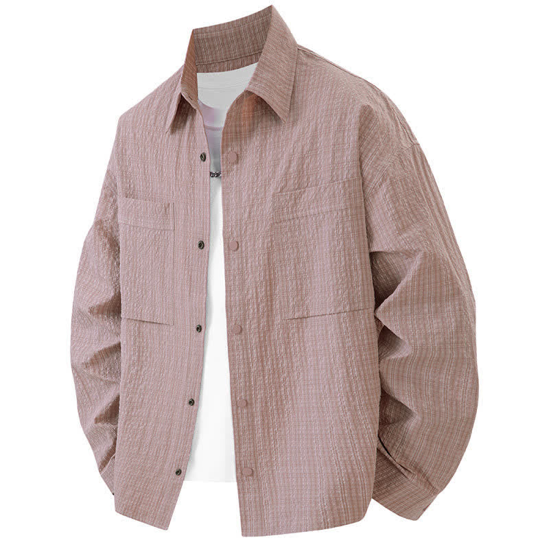 Buddha Stones Spring Solid Color Textured Long Sleeve Button Men's Lapel Shirts With Pocket - LightPink - US/UK/AU46，EU56 (3XL) - image 0