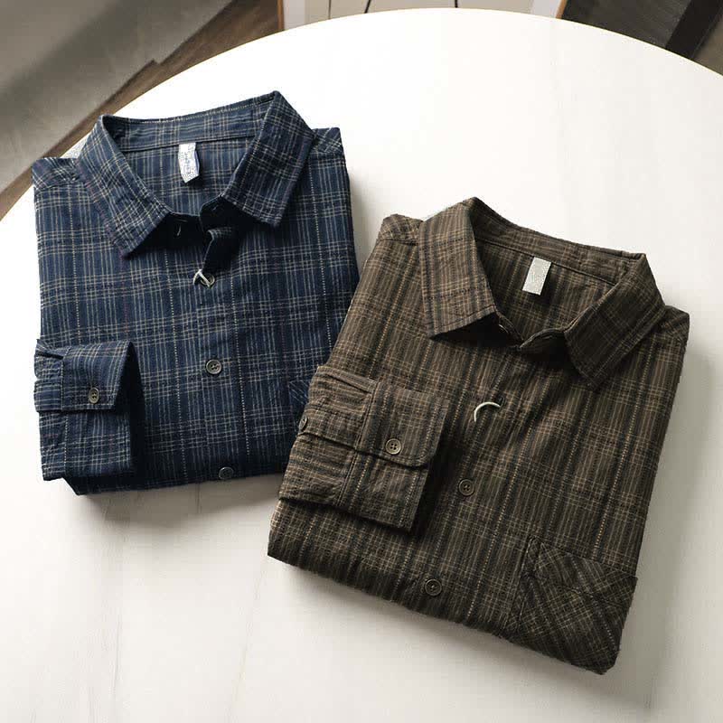 Buddha Stones Fall Commute Embroidery Plaid Pattern Men's Cotton Long Sleeve Shirts With Pocket - image 19