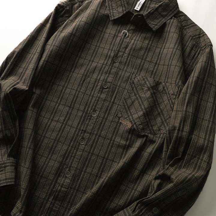 Buddha Stones Fall Commute Embroidery Plaid Pattern Men's Cotton Long Sleeve Shirts With Pocket - image 7