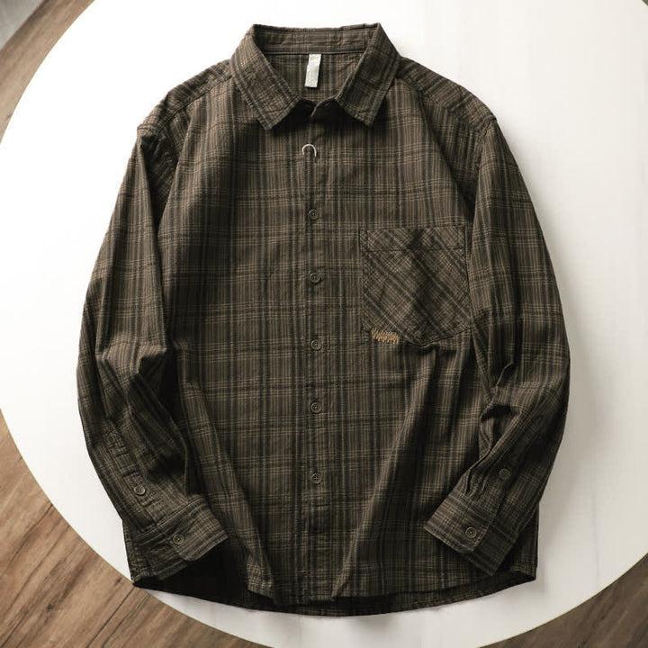 Buddha Stones Fall Commute Embroidery Plaid Pattern Men's Cotton Long Sleeve Shirts With Pocket - DarkOliveGreen - US/UK/AU42，EU52 (3XL) - image 2