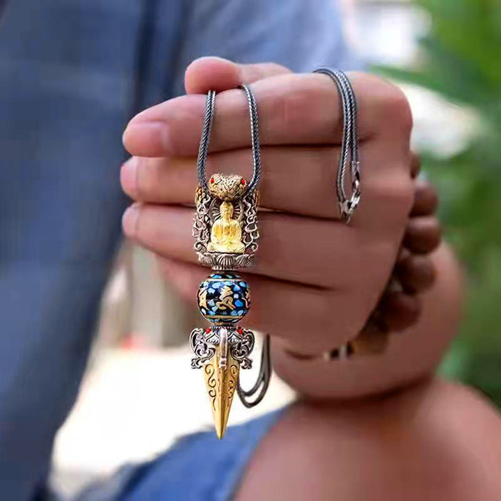 Buddha Stones Tibetan Om Mani Padme Hum Buddha Wealth Rotation Necklace Vajra Pendant - image 4