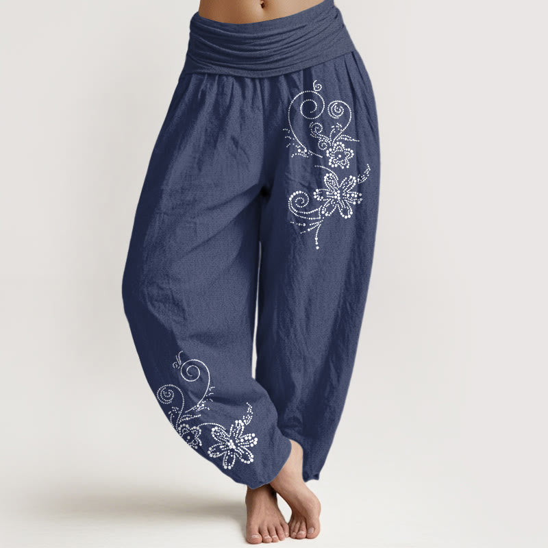 Buddha Stones Pure Cotton Composed Of Dots Vine Flower Pattern Women's Elastic Waist Harem Pants - DarkSlateBlue - US16，UK/AU20，EU48 (3XL) - image 0
